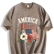 America Bloom Patriotic Floral Flag 4th of July Flowers Vintage Washed T-Shirt in Brown