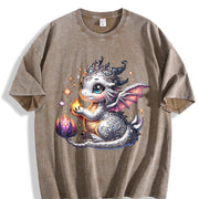 Silvery-gray Little Dragon with Exquisite Vintage Washed T-Shirt in Brown