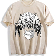 Metal Momonga Dekatsuyo Chiikawa Hip Hop Street Distressed vintage washed oversized T-shirt in Beige