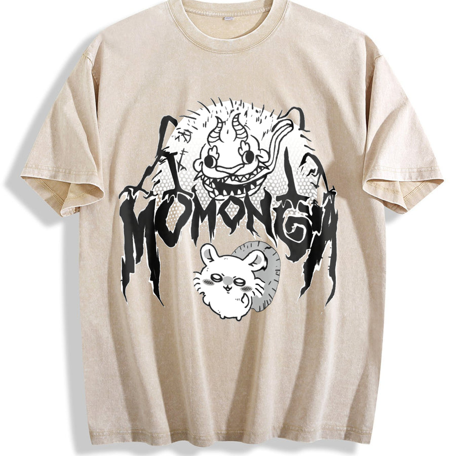 Metal Momonga Dekatsuyo Chiikawa Hip Hop Street Distressed vintage washed oversized T-shirt in Beige