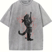 Cowboy Cat Neo-tribal Vintage Washed T-Shirt in Gray
