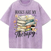 Retro Floral Book Lover Vintage Washed T-Shirt in Purple