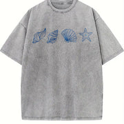 Seashells Embroidered Vintage Washed T-Shirt in Gray