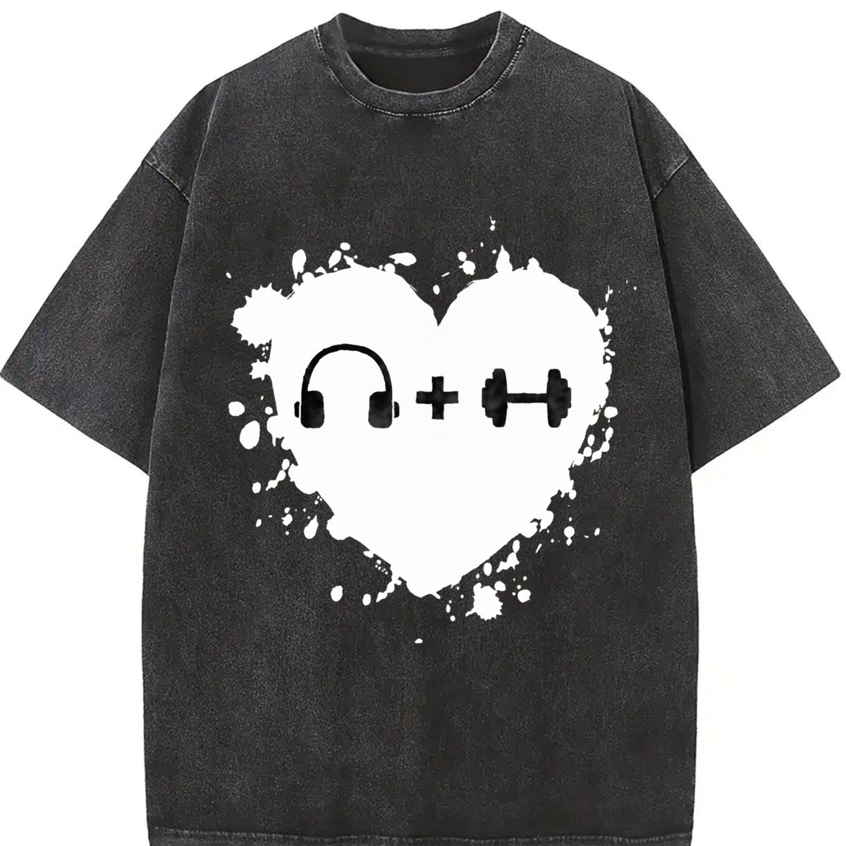 Headphones Dumbbell Heart Vintage Washed T-Shirt in Black