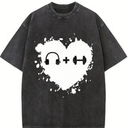 Headphones Dumbbell Heart Vintage Washed T-Shirt in Black