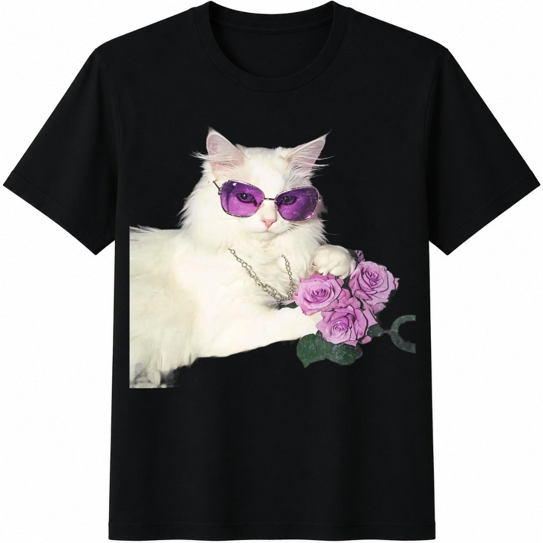White Cat with Purple Sunglasses and Roses Cotton T-Shirt in Black