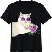 White Cat with Purple Sunglasses and Roses Cotton T-Shirt in Black