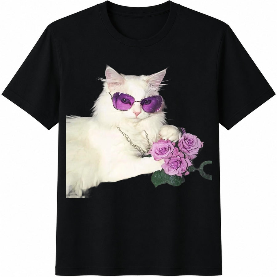 White Cat with Purple Sunglasses and Roses Cotton T-Shirt in Black