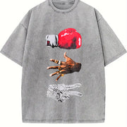 Red Fist and Golden Ring Gestures Vintage Washed T-Shirt in Gray
