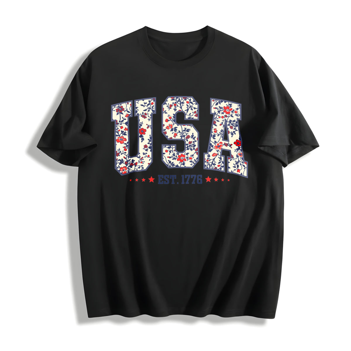 Floral USA Retro America Cotton T-Shirt in Black