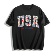 Floral USA Retro America Cotton T-Shirt in Black