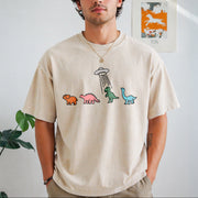UFO Dinosaur Retro Vintage Washed T-Shirt in Beige