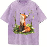 Autumn a Spring Floral and Fox Round-neck Short-sleeve Vintage Washed T-Shirt in Purple