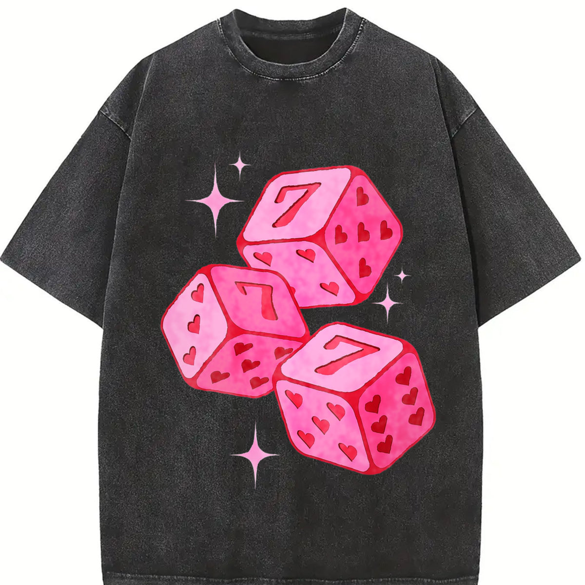 Pink Lucky 7 Dice Vintage Washed T-Shirt in Black