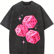 Pink Lucky 7 Dice Vintage Washed T-Shirt in Black