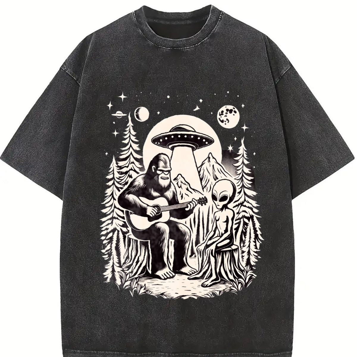 Bigfoot Playing Guitar with Alien and UFO 90s Vintage Washed T-Shirt in Black