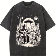 Bigfoot Playing Guitar with Alien and UFO 90s Vintage Washed T-Shirt in Black
