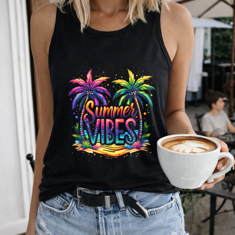 Vibes Palm Trees Rainbow Crew-neck Sleeveless Vest Outdoor Women's Color Cotton Tank Top in Black