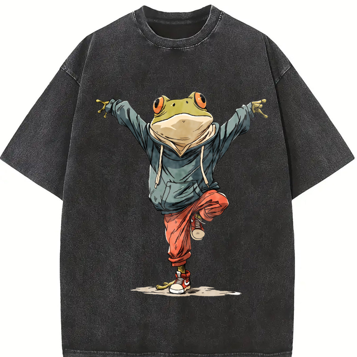 Ladies' Frog Spread Wings Vintage Washed T-Shirt in Black