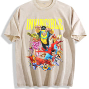 Retro Invincible Mark Grayson & Superhero Team Vintage Washed T-Shirt in Beige