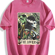 The Monster Frankenstein And Bride The Lovers Tarot Card vintage washed oversized T-shirt in Red