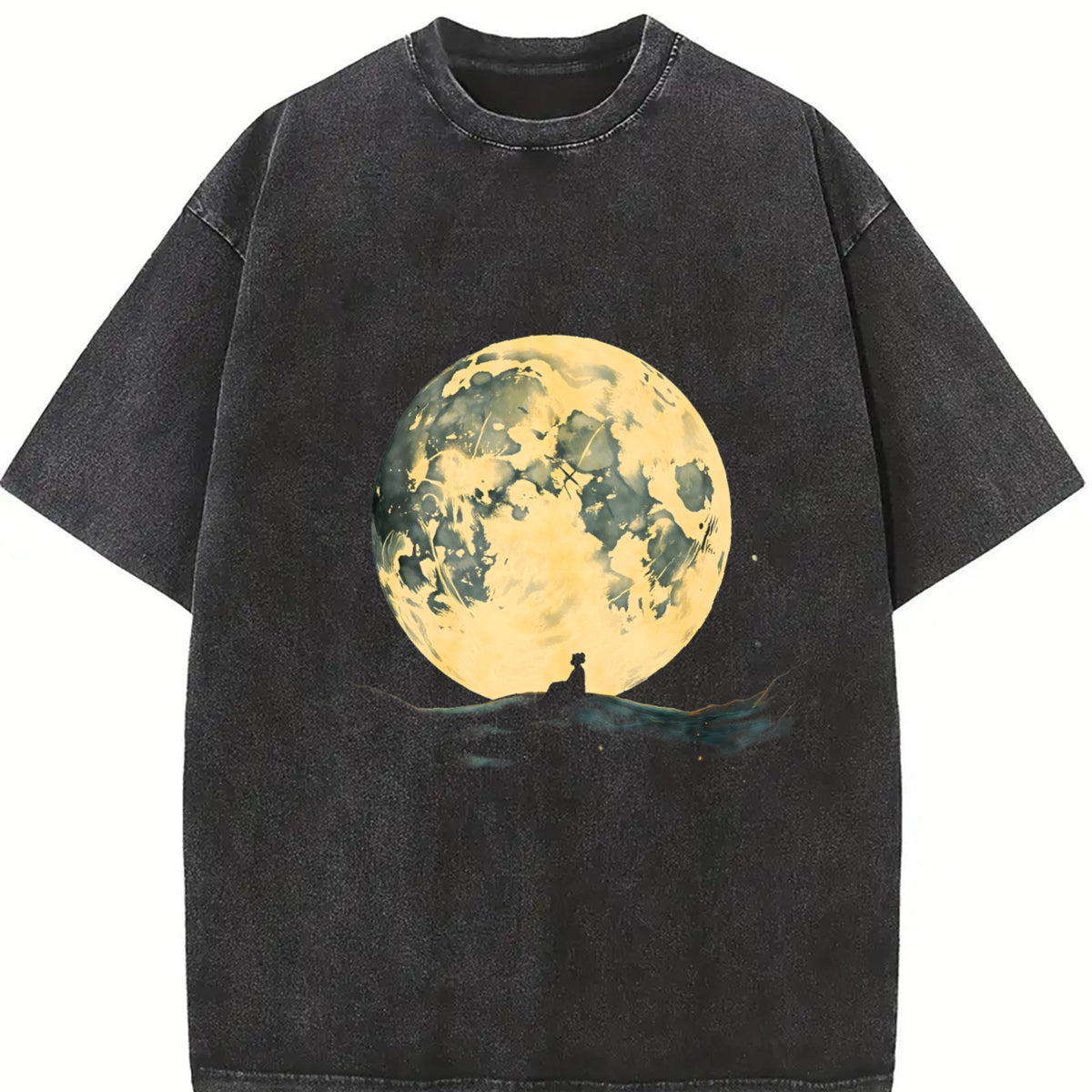 Retro Moon and Lonely Man Vintage Washed T-Shirt in Black