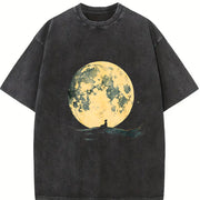 Retro Moon and Lonely Man Vintage Washed T-Shirt in Black