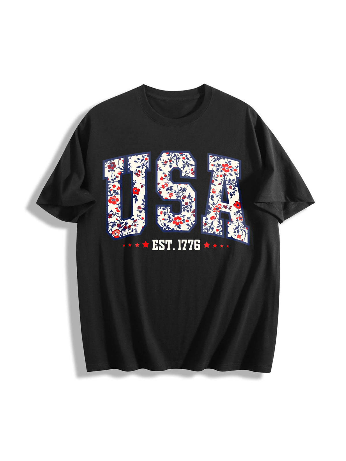 Floral USA American Girl Cotton T-Shirt in Black