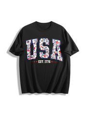 Floral USA American Girl Cotton T-Shirt in Black