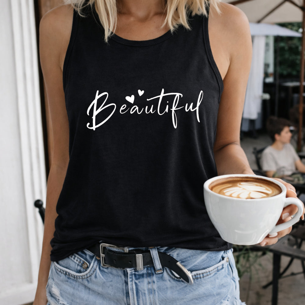 Beautiful Heart Script Crew-neck Sleeveless Vest Outdoor Women's Color Cotton Tank Top in Black