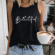 Beautiful Heart Script Crew-neck Sleeveless Vest Outdoor Women's Color Cotton Tank Top in Black