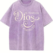 Stylish El Tiempo De Dios Es Perfecto for Spring vintage washed oversized T-shirt in Purple