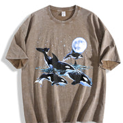 Orca Whale 90s Retro Moonlight Ocean Vintage Washed T-Shirt in Brown