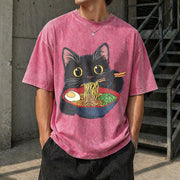 Cat Ramen Cute Vintage Washed T-Shirt in Red