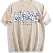 Personalized Gigi Blue Floral Grandma Mama Vintage Washed T-Shirt in Beige