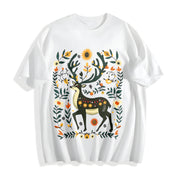 Bohemian Folk Art Vibrant Deer & Floral Cotton T-Shirt in White