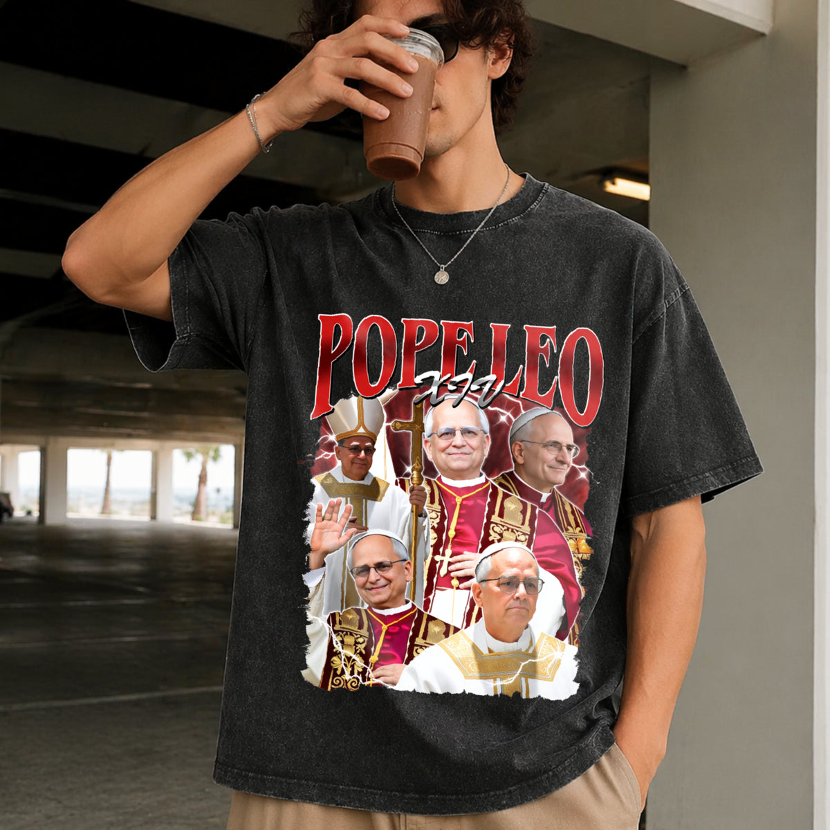 Pope Leo XIV First American Pope Vintage Washed T-Shirt in Black
