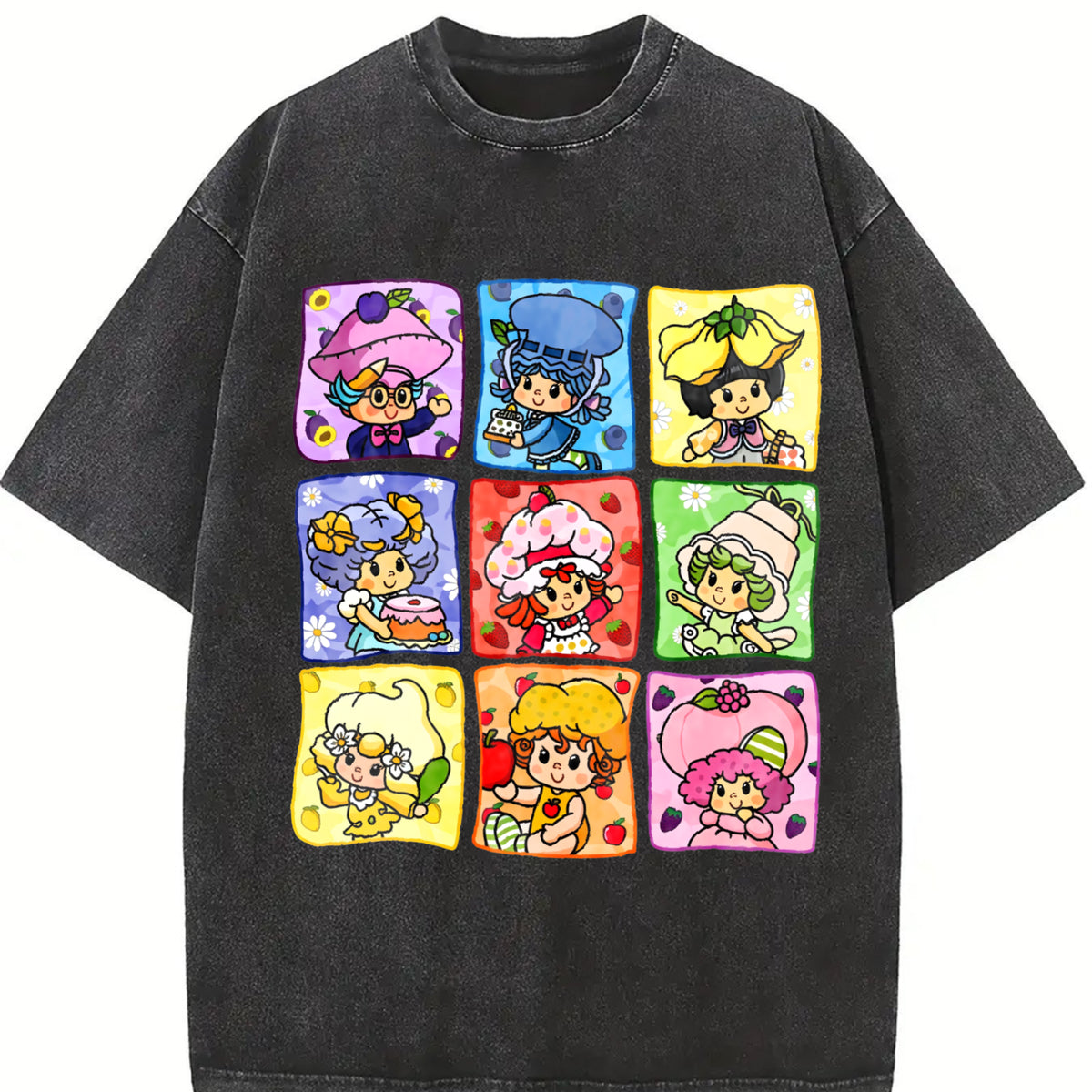 Cartoon Friends Nostalgia 80's Cartoon Characters Rainbow vintage washed oversized T-shirt in Black