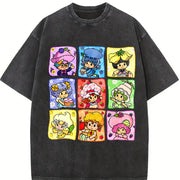 Cartoon Friends Nostalgia 80's Cartoon Characters Rainbow vintage washed oversized T-shirt in Black