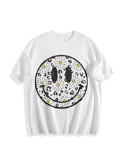 Daisy Floral Happy Face Cotton T-Shirt in White