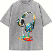 Loose Single Side - With Vibrant Headphones Drip Paint vintage washed oversized T-shirt in Gray