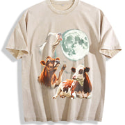 Cow Howling at Moon 90s Vintage Washed T-Shirt in Beige