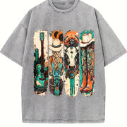 Western Cowgirl Cowboy Boots Cowprint vintage washed oversized T-shirt in Gray