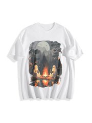 Teacher Halloween Ghost Book Reading Camping Cotton T-Shirt in White