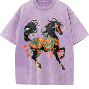New Year's Winter Ethnic Exotic Golden Edition Black Horse Vintage Washed T-Shirt in Purple
