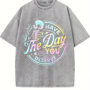 Skeleton & Letter Ladies vintage washed oversized T-shirt in Gray