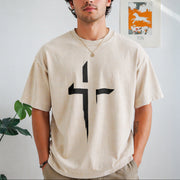 Patterned Cross Vintage Washed T-Shirt in Beige