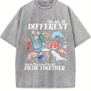 We Are All Different Swim Together Teacher Back to School Vintage Washed T-Shirt in Gray