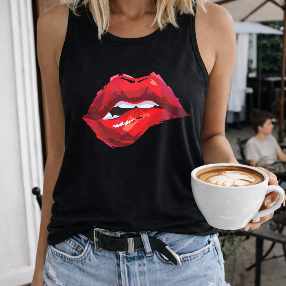 Red Lips Women's Color Cotton Tank Top in Black