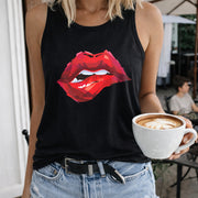 Red Lips Crew-neck Sleeveless Vest Outdoor Women's Color Cotton Tank Top in Black